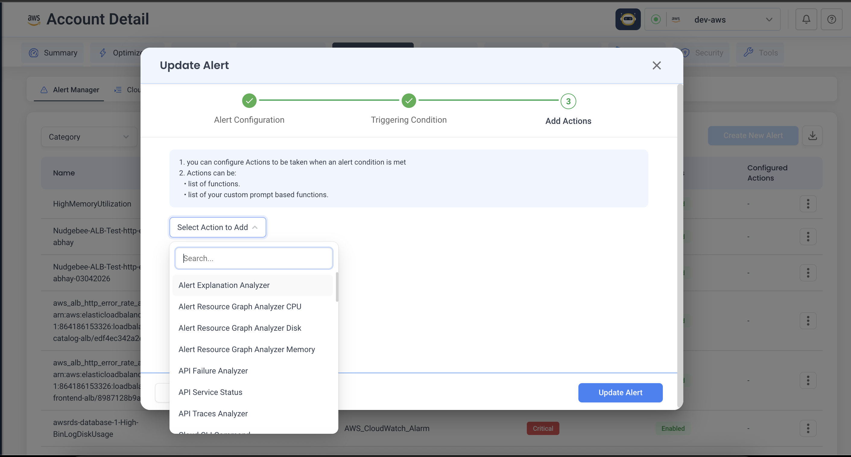 Adding an action to an alert