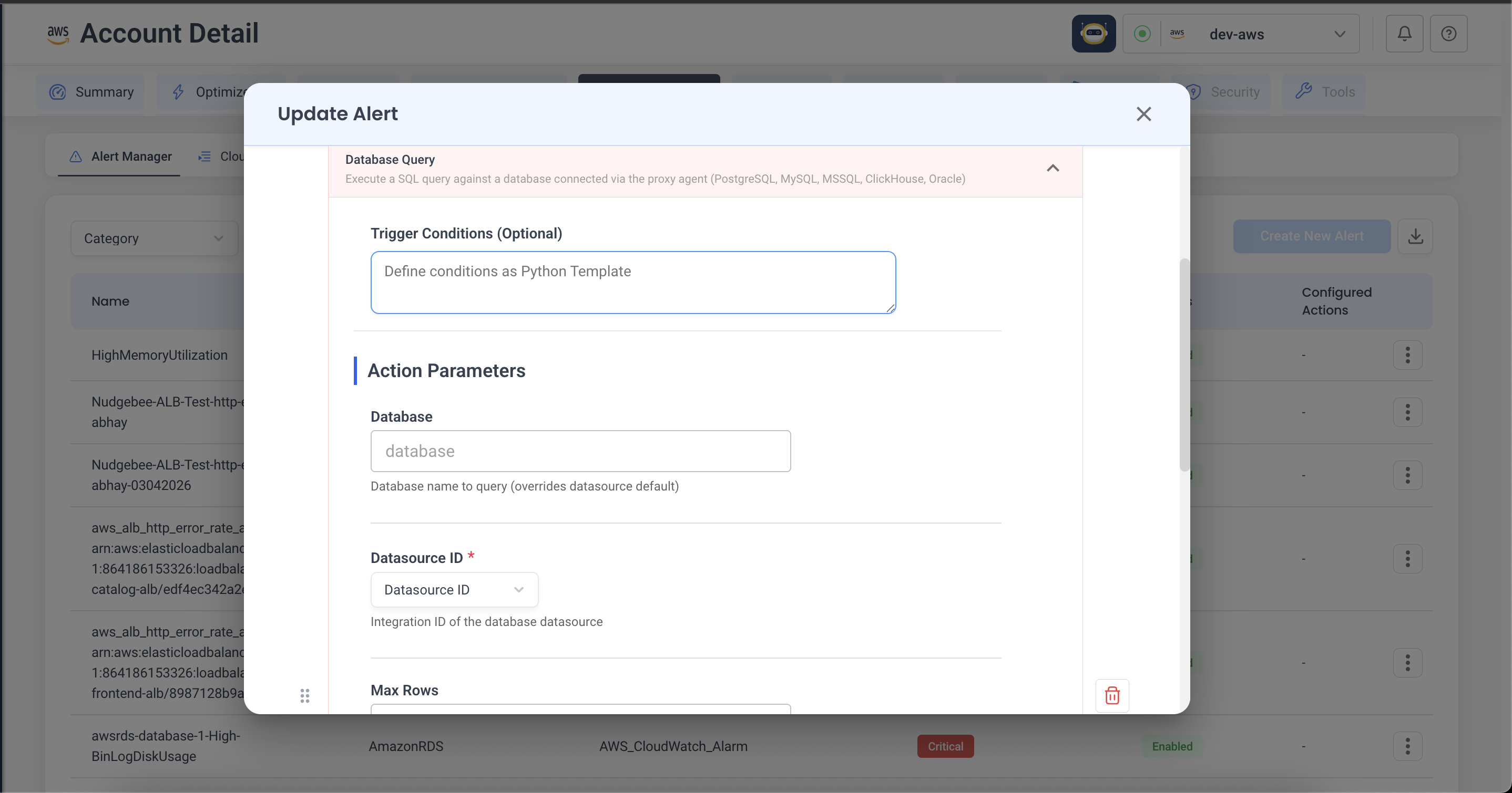 Database query action — datasource picker