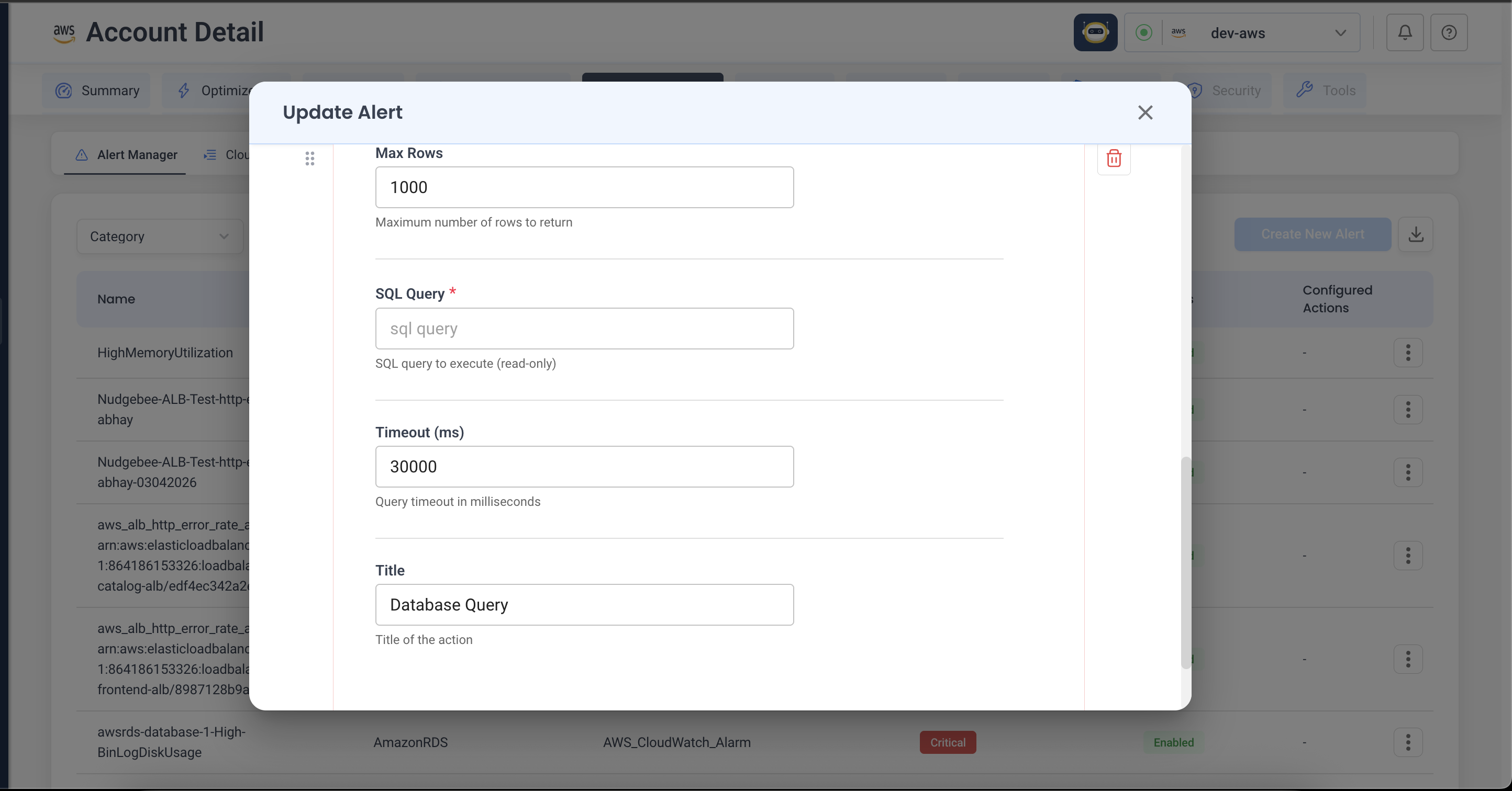 Database query action — SQL, max rows, timeout